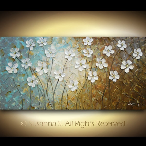 ORIGINAL Large Abstract Contemporary Fine Art- Impasto White Flowers Landscape Modern Palette Knife Painting by Susanna 48x24