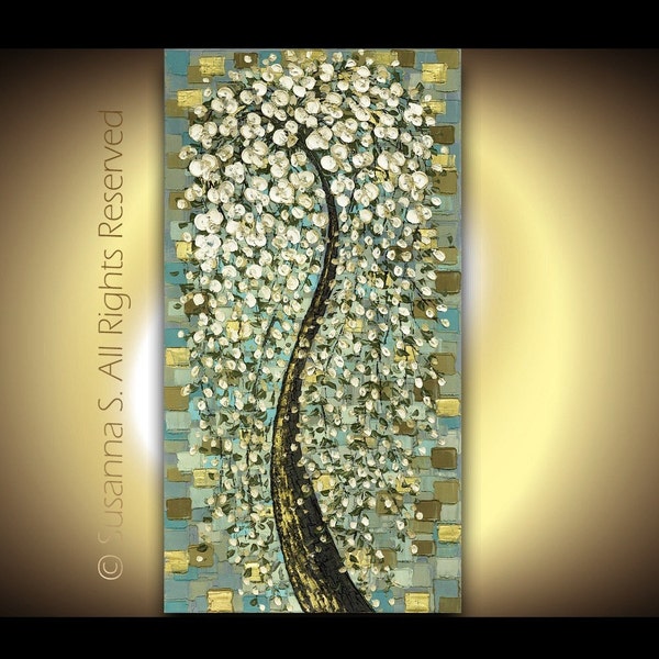 Tree Large Modern Abstract White Cherry Blossom 12x24 PRINT