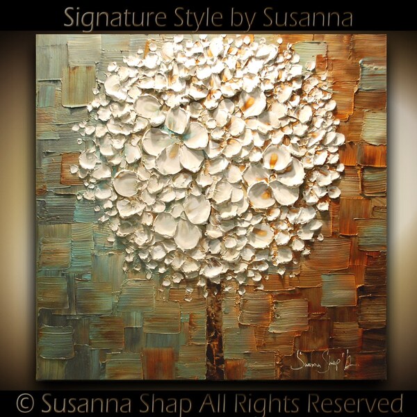 ORIGINAL White Blossoms Lollipop Tree Abstract Contemporary Oil Painting Thick Texture Gallery Fine Art by Susanna Ready to Hang 24x24