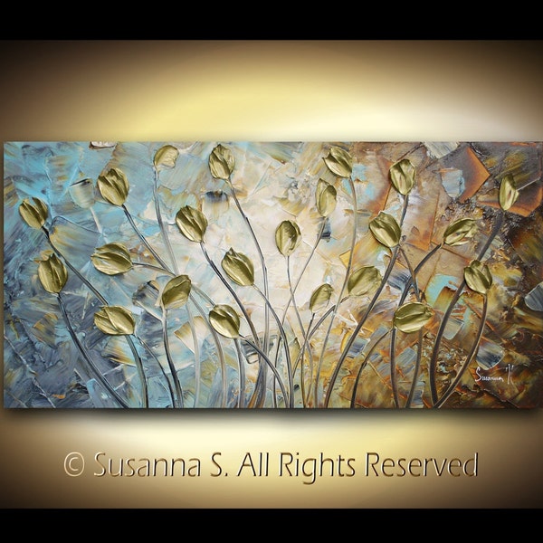 ORIGINAL Large Abstract Contemporary Fine Art Brown Gray Gold Tulips Flowers Palette Knife Impasto Landscape Painting by Susanna 48x24