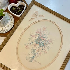 Vintage Watercolor Floral Embossed Art in Gold Wood Frame • Shabby Chic Art • Coquette Wall Decor
