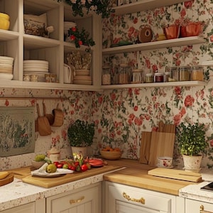 Pu&ograve; includere: Una cucina accogliente con mobili bianchi, piani di lavoro in legno e carta da parati floreale. Ripiani mostrano piatti, barattoli e oggetti decorativi. Un tagliere contiene prodotti freschi. L'estetica generale &egrave; vintage e invitante.