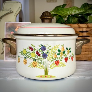 Unique Kitchen Decor • Vintage Fruit Motif • ASTA German Enamel 2 Qt Pot with Lid • Vintage Kitchen