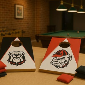 May include: Two wooden cornhole boards with a black and white bulldog graphic on one board and a red, white, and black bulldog graphic on the other board. The boards are on a wooden table with bean bags in front of them.