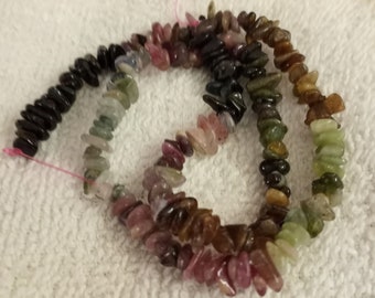 Tourmaline Chip and nugget pink, green, yellow black beads 519