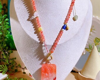 Pink Crystal Garnet Necklace, Handcrafted Beaded Jewelry