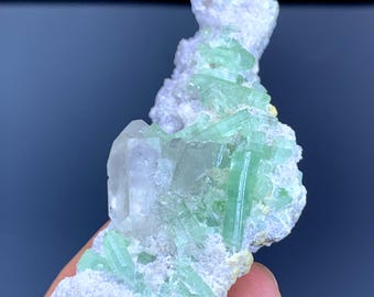 水晶に埋め込まれたレピドライト入りグリーントルマリン結晶、ラグマン