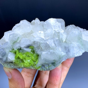 Green Sphene Cluster on Glassy Calcite, Sphene Specimen, Sphene from Skardu Pakistan - 435 gram