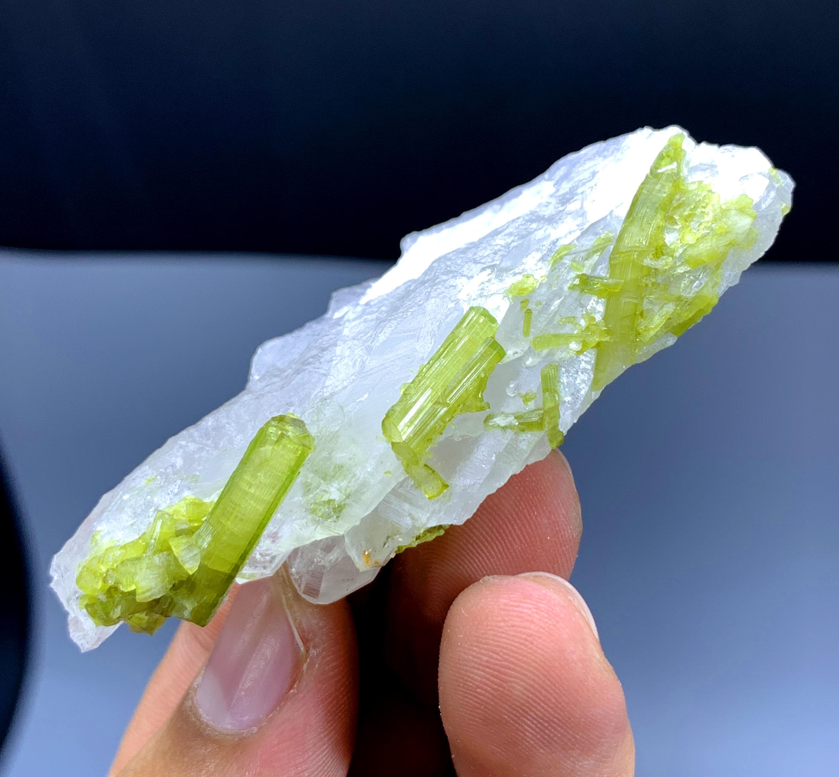 パキスタンのチャプ鉱山産トルマリン標本、クォーツ上の緑豊かな
