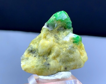 May include: A rough, green emerald crystal with a yellow-green matrix. The crystal is on a white display stand.