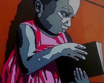 May include: A young girl with pigtails sits on a brown surface, wearing a pink dress and reading a black book. The background is a bright blue.