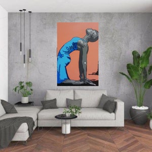 May include: A painting of a person in a blue dress performing a yoga pose against a peach background. The person is in a backbend position with their head tilted back and their arms extended.