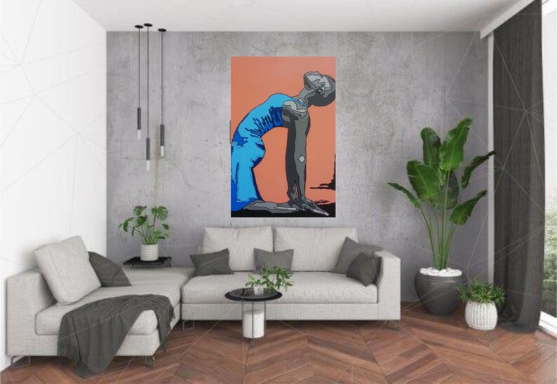 May include: A painting of a person in a blue dress performing a yoga pose against a peach background. The person is in a backbend position with their head tilted back and their arms extended.