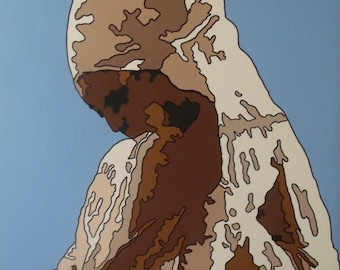 May include: A painting of a person wearing a white and brown patterned head covering. The person is sitting with their head bowed and their hands clasped together. The background is a light blue color.