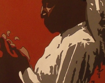May include: An abstract painting featuring a profile of a person in a head covering, rendered in shades of white, gray, and brown against a red background. The artwork has a minimalist style, with bold color blocking.