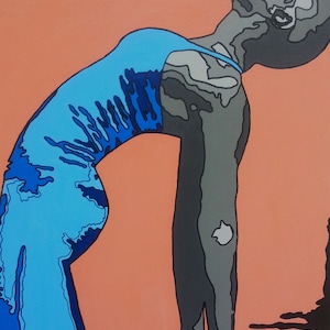 May include: A painting of a person in a blue and black outfit performing a yoga pose. The person is bending backwards with their head tilted back and their arms extended. The background is a solid orange color.