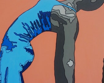 May include: A painting of a person in a blue and black outfit performing a yoga pose. The person is bending backwards with their head tilted back and their arms extended. The background is a solid orange color.