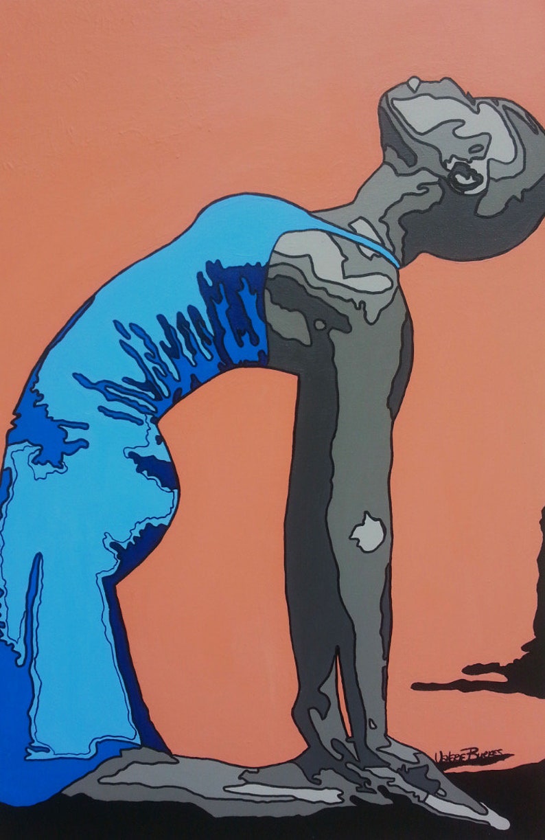 May include: A painting of a person in a blue and black outfit performing a yoga pose. The person is bending backwards with their head tilted back and their arms extended. The background is a solid orange color.