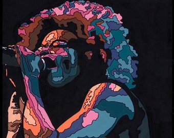 May include: A colorful, abstract portrait of a person singing into a microphone. The person's hair is a mix of pink, blue, and brown. The person's skin is a mix of pink, blue, and orange. The background is black.