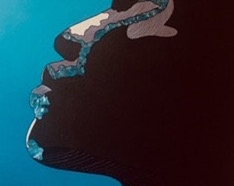 May include: A digital art print of a woman's face in profile, with a blue background. The woman's face is stylized with a geometric pattern and is mostly black with some white and gray accents.