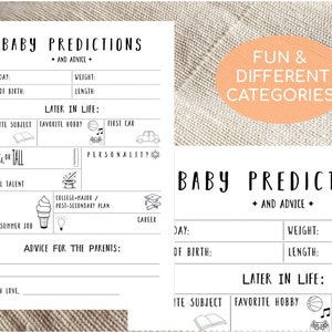 Carte de prédictions et de conseils de bébé unique mignon pour une fête prénatale, téléchargement numérique instantané, imprimable, catégories amusantes modernes A7