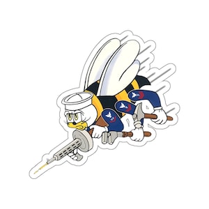 May include: A cartoon bee wearing a sailor hat and holding a machine gun and a wrench. The bee is flying and has yellow and black stripes. The bee is wearing a blue uniform with a white eagle and a white star on the sleeve.