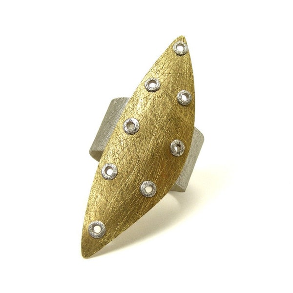 Sterling Silver and Brass Riveted Wide Band Ring Shield Series - Astute