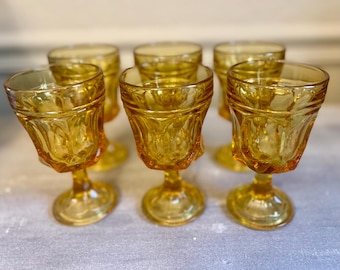 Vintage Set of 6 Amber Yellow Pressed Glass Goblets | Floral Pattern Stemmed Wine Glasses | Mid Century Barware