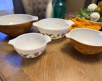 Vintage Pyrex Early American Cinderella Bowl Set 441 442 443 444 Complete Nesting Mixing Bowls Brown Farmhouse Kitchen