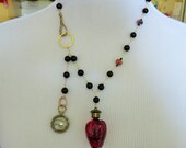 SALE 25 OFF Huge vintage Strawberry Perfume Bottle and vintage Painted Eye Locket and Gold Necklace