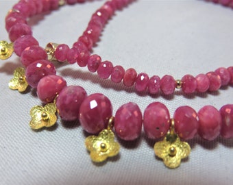 SALE 25% OFF Natural Hot Pink Sapphire Micro Rondelle Beads,14K Sold Yellow Gold Magnet Clasp,18K Flower Charms Bead Necklace