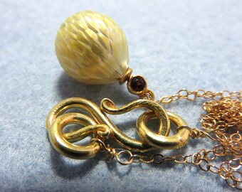 SALE 25 % OFF Natural AA+ 13mm Yellow Gold Carved South Sea Pearl, 18K Vermeil Gold Red Garnet Pendant Pin, Chain and Clasp Necklace