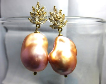 SALE 25 % OFF Natural Fireball Metallic Baroque Fresh Water Pearls,18K Yellow Gold Cover Sterling Silver Earring Post,CZ stone,Ball head Pin