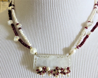 SALE 25 % OFF Antique Chinese Mother of Pearl Monogram Carved Gaming Counter Pendant,Ruby,Freshwater & Kaeshi Pearls Gold Necklace