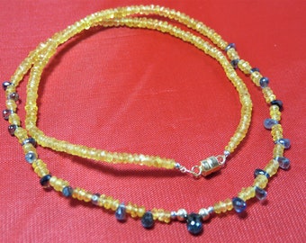 SALE 30% OFF Natural Yellow Sapphire Rondelle Beads & Blue Sapphire Faceted Briolettes, 14K Yellow Gold Magnet Clasp Necklace