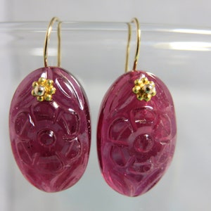 SALE 30% OFF Natural Ruby GH Hand Carved Flower (41 cts), 14K Solid Yellow Gold Earwires, 18K Solid Yellow Gold Daisy Spacers Earrings