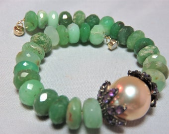 SALE 25% OFF Natural Chrysophrase Beads & South Sea Golden Pearl,Oxidized Sterling Silver,Gold Magnet Clasp Bead Bracelet