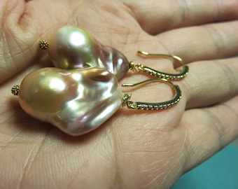 SALE 25 % OFF Natural Golden Pink Champague Freshwater Baroque Pearl,18K Yellow Gold Bubble Ball Head Pin,Cubic Zirconia Stone Earring Wire