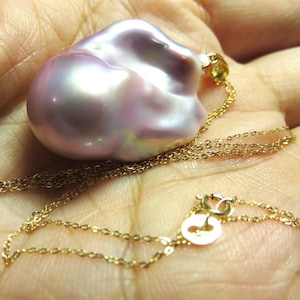 Sale 30% Off Natural Jumbo Purple Color Metallic Baroque Luster Freshwater Pearl,Diamond Pearl Setting, 18K Solid Yellow Gold Chain Necklace