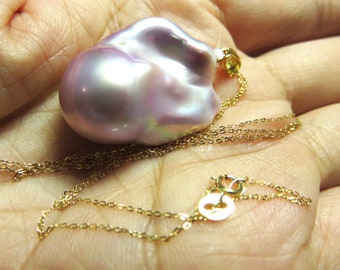 Sale 25% Off Natural Jumbo Purple Color Metallic Baroque Luster Freshwater Pearl,Diamond Pearl Setting, 18K Solid Yellow Gold Chain Necklace