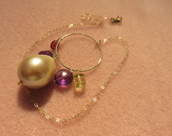 SALE 25 % OFF Natural Color Kasum Fresh Water Pearl, Amethyst, Quartz & Garnet Beads in Gold Ring Pendant,14k/18K Solid Yellow Gold Necklace