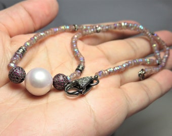 SALE 25 % OFF Natural Freshwater Pearl, Ster Silver Ruby & Quartz Round Beads, Diamonds Lobster clasp and Ster Silver Necklace