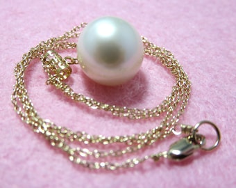 SALE 25 % OFF  Natural AAA 12mm White Round Edison Freshwater Pearl, 14K/18K Solid Yellow Gold Tube Mounting, Wire and Chain Necklace