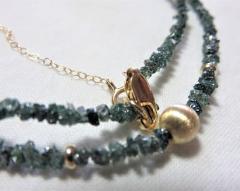 SALE 25% OFF Blue and Green Raw Rough Diamonds and 14K Sold Yellow Gold with Cable Extender Necklace