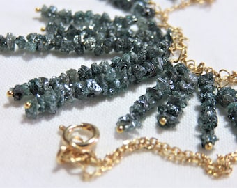 SALE 25% OFF Blue and Green Raw Rough Diamonds Tassels and 14K/22K Sold Yellow Gold Necklace