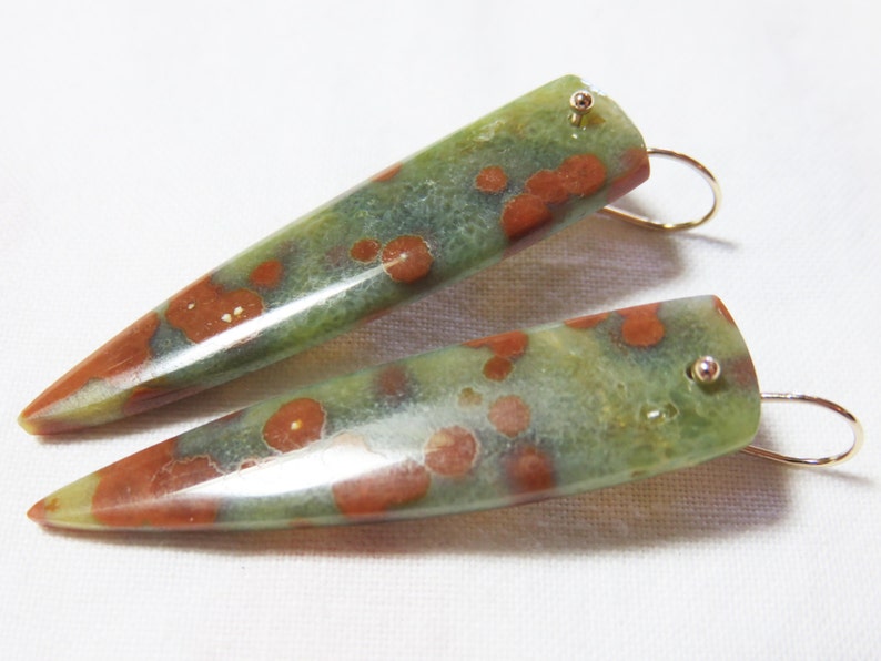 SALE 25/% OFF Natural Smooth Ocean Jasper Long Briolettes and 14K Solid Yellow Gold Earwires