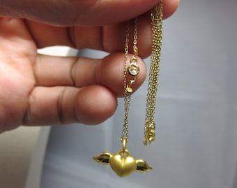 SALE 25 % OFF  24K Solid Yellow Gold Heart with Wing, 14K Solid Yellow Gold Diamond Connector and Chain Necklace