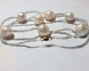 SALE 25% OFF Natural White Baroque Fresh Water Pearl, White Raw Diamonds and 14K Sold Yellow Gold Necklace