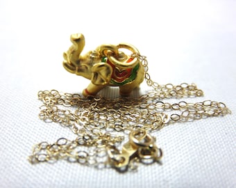 SALE 25 % OFF Pure 999 24K Yellow Gold Elephant 3D Pendant With Enamel, 18K Solid Yellow Gold Chain Necklace