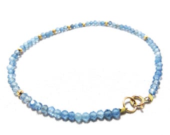 SALE 25 %OFF Natural Blue Santa Maria Aquamarine Micro Faceted Round Beads,14K Solid Yellow Gold Round,Crimp,Jump Ring,Spring Clasp Bracelet